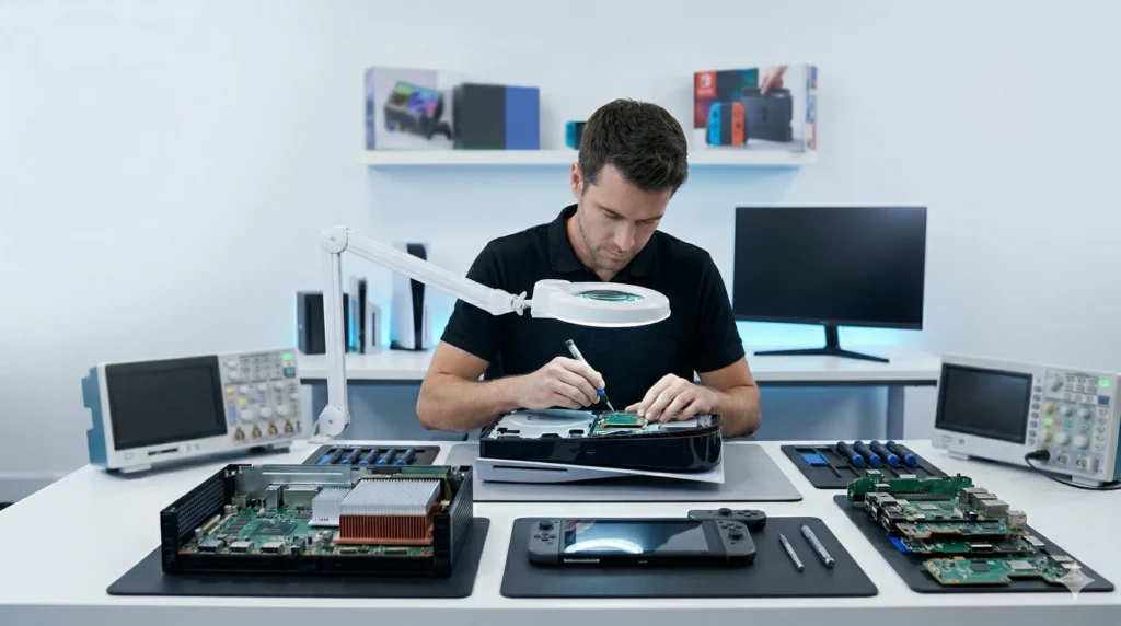 Un tecnico specializzato TecnoFix esegue una micro-riparazione su una scheda madre di console in un laboratorio avanzato a Darfo Boario Terme. Visibili componenti aperti di PS5, Xbox e Nintendo Switch.