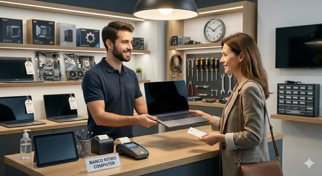 Tecnico di un centro assistenza che riconsegna con un sorriso un computer portatile riparato a una cliente soddisfatta al banco del negozio.