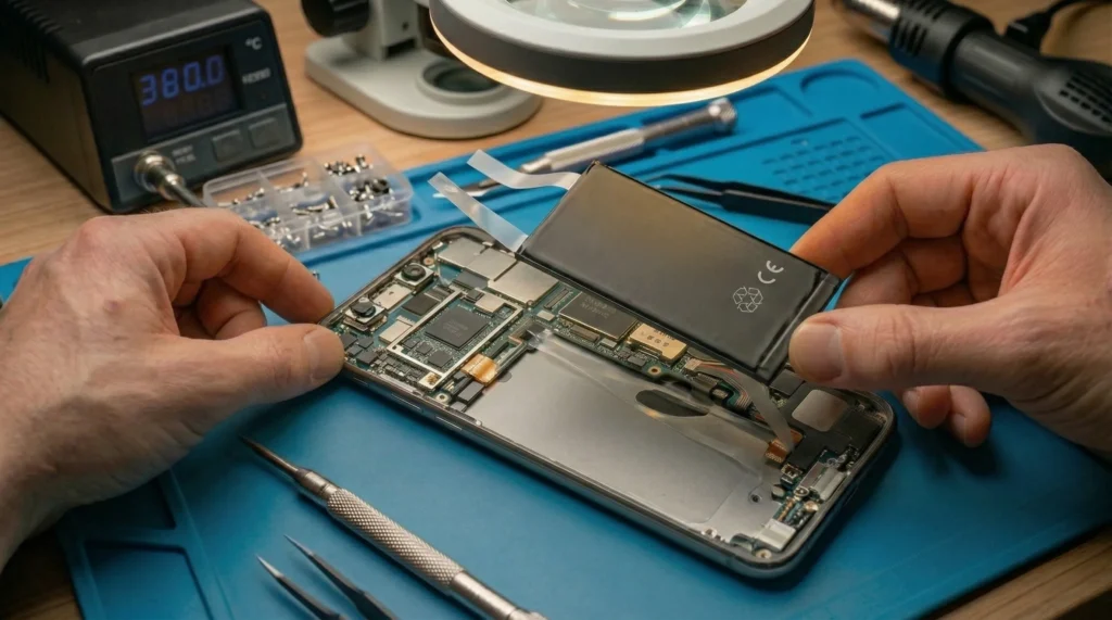 Tecnico che estrae con cura una batteria Li-ion esausta da uno smartphone aperto su un banco da lavoro professionale.