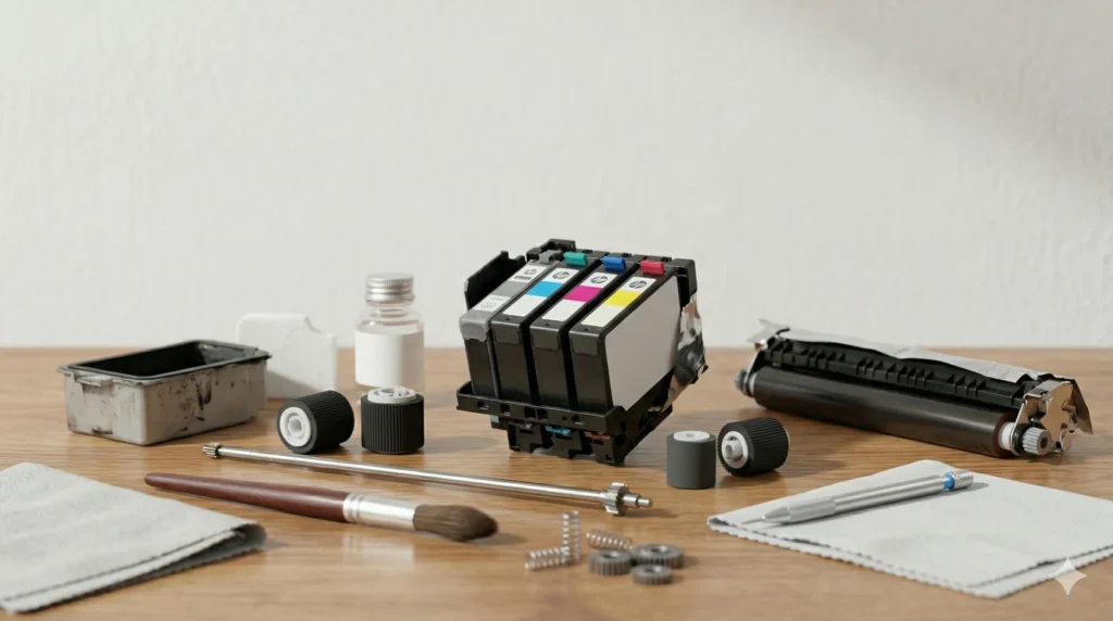 Componenti e strumenti per la manutenzione di una stampante: cartucce, rulli e toner sul banco da lavoro TecnoFix